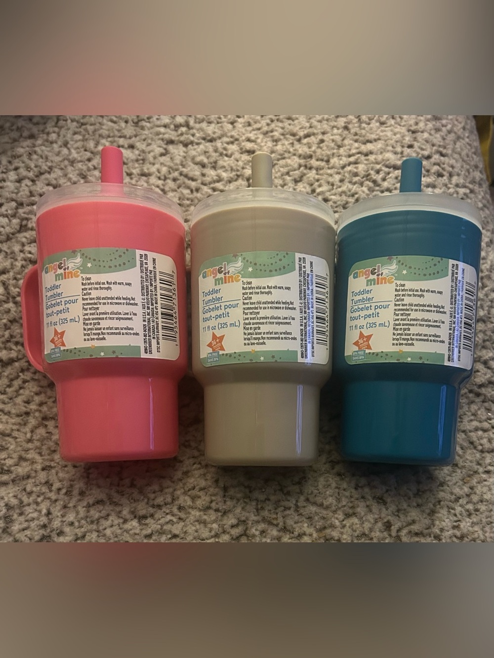 Angel Of Mine Toddler Cup Tumbler Silicone Straw Pink, Blue & Grey (Set Of 3).